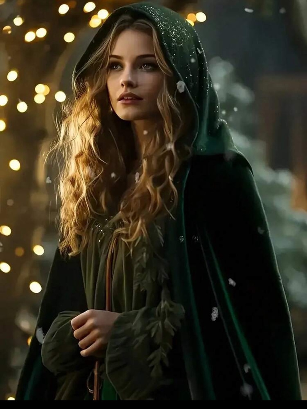 Green Hooded Velvet-Look Cape New